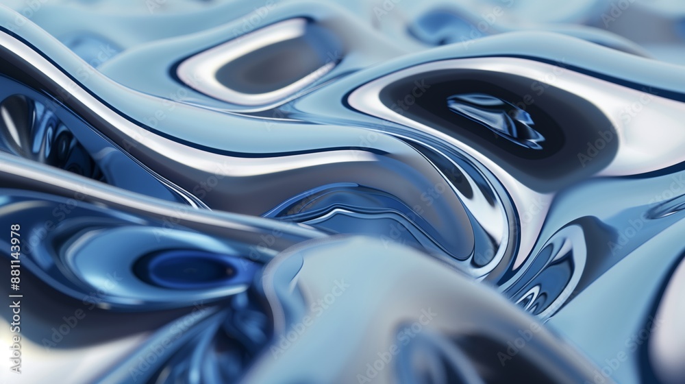 custom made wallpaper toronto digitalAbstract close-up of flowing, shiny metallic waves with a smooth, reflective surface in shades of blue and silver.