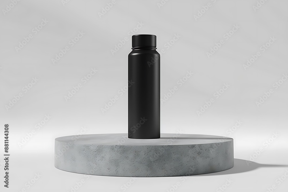Minimalist black water bottle on a concrete podium Minimalist black water bottle on a concrete podium