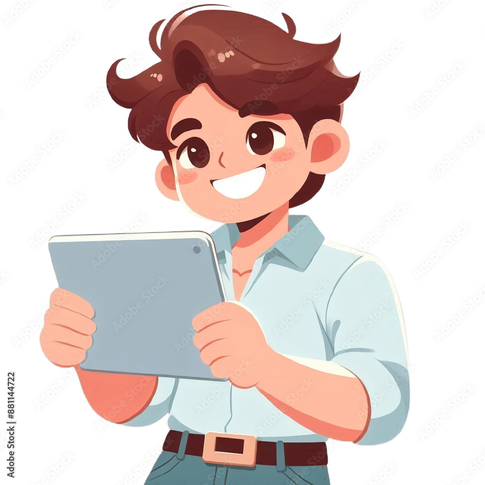 Cute smiling cartoon boy is holding a tablet. Cute smiling cartoon boy is holding a tablet.