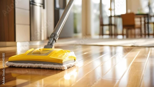 Effectively Remove Dirt and Grime from Parquet Floors with Foam Floor Cleaner. Concept Floor Cleaning, Parquet Floors, Removing Dirt, Foam Cleaner, Grime photo