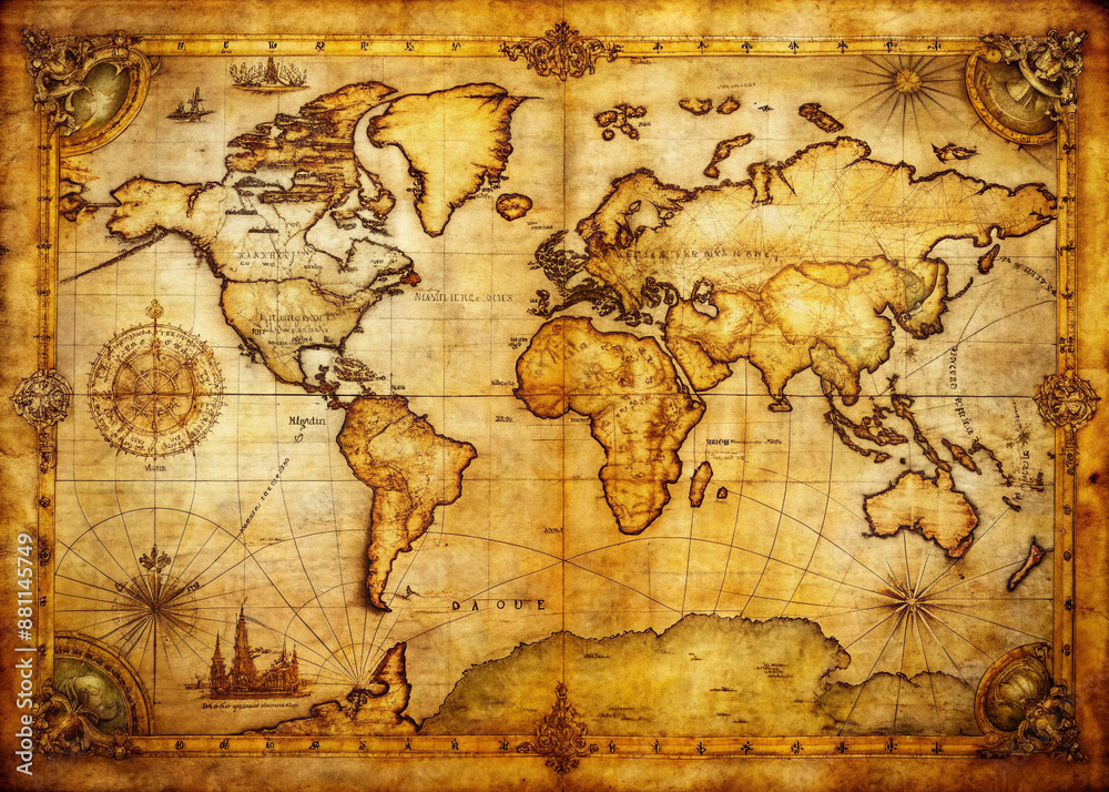 Obraz premium Yellowed parchment map with faded ink illustrations of ancient lands, worn creases, and subtle tears, framed by ornate golden borders and rusty cartographic tools.