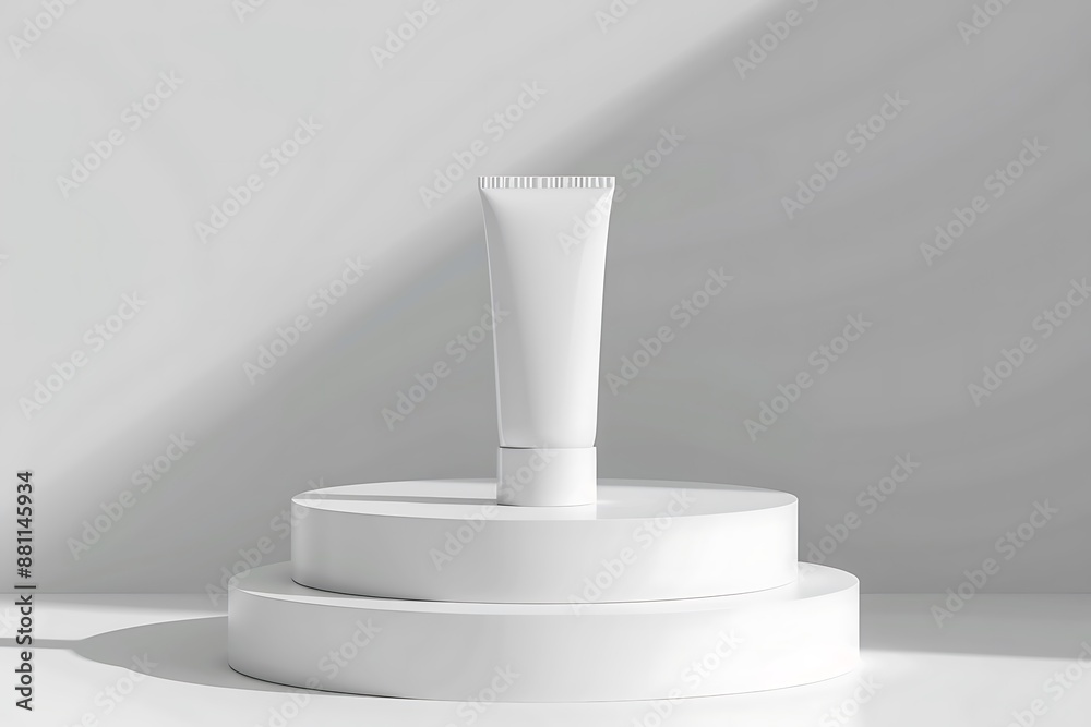 Minimalist product display of a cosmetic tube on a podium with soft shadows Minimalist product display of a cosmetic tube on a podium with soft shadows