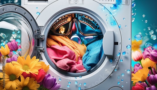 Waschmaschine mit bunte Wäsche. 