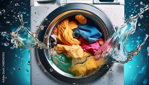 Waschmaschine mit bunte Wäsche. 