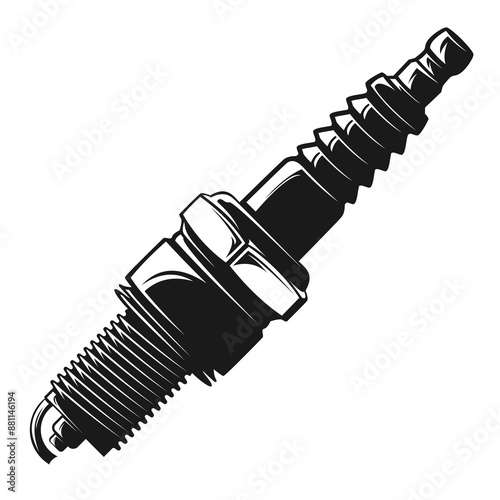 Spark plug for motorbike or car spare parts isolated on white background, black and white vector spark plug, flat cartoon illustration, icon, symbol, etc