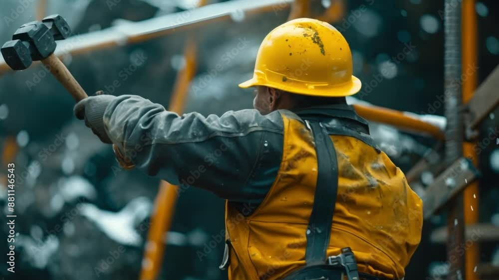 Construction Worker in Yellow Hard Hat and Tool Belt Swinging Hammer at ...