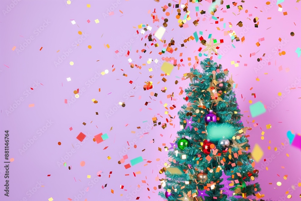 traditional Christmas tree on a pastel purple solid color background with flying purple gold and silver metallic confetti traditional Christmas tree on a pastel purple solid color background with flying purple gold and silver metallic confetti