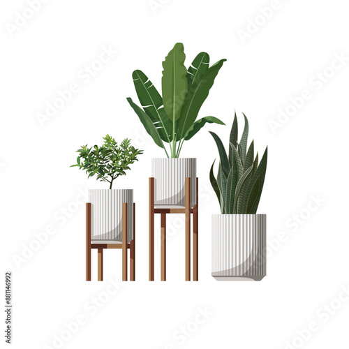 Set of house plants in ceramic pots. Modern home garden. Collection of isolated houseplants on white background. Green decor for interior decoration. Stock vector illustration.