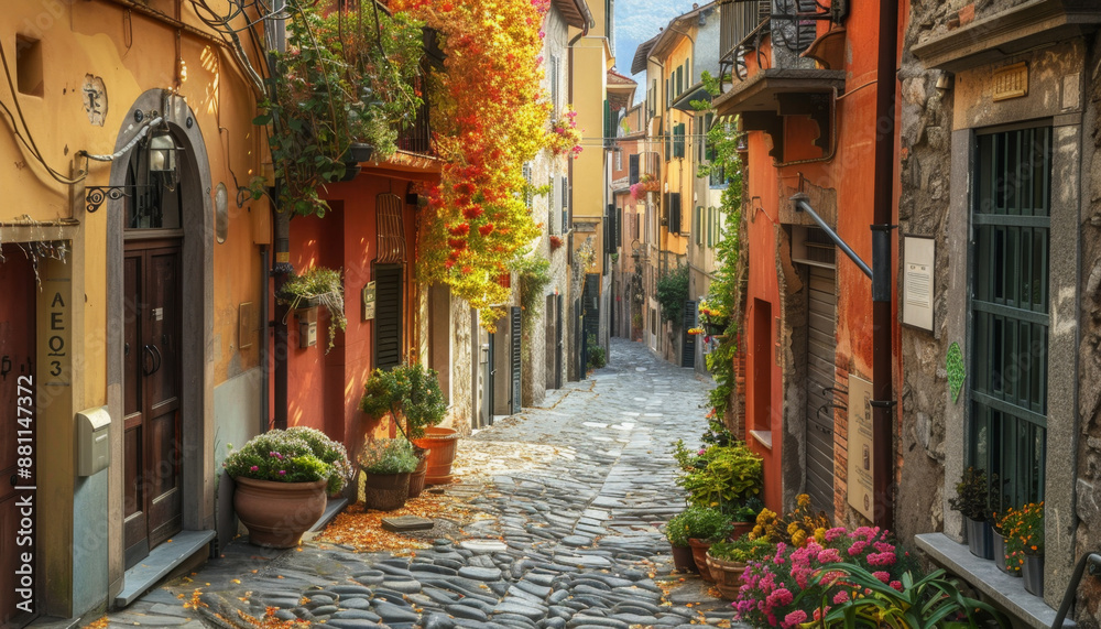 Fototapeta premium Charming Alley in European Town with Cobblestone Street and Colorful Fasades