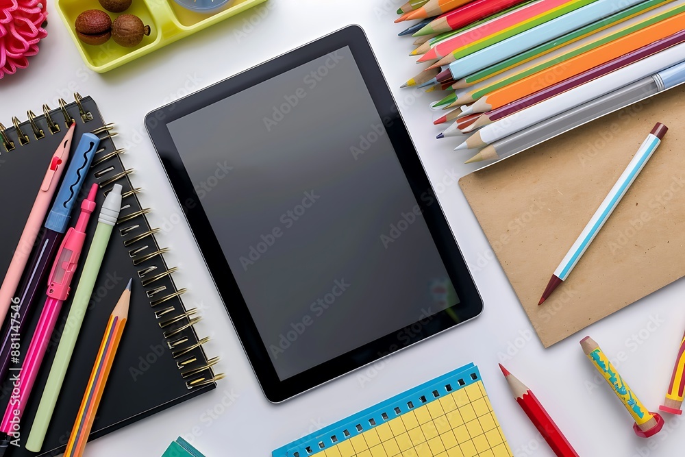 Top view of a tablet with neatly arranged school supplies on a white background. High-resolution and clear. Top view of a tablet with neatly arranged school supplies on a white background. High-resolution and clear.