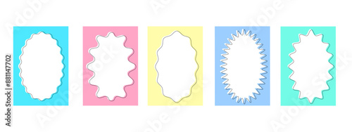 Collection of transparent rectangular frames with wavy oval inner borders. Set of Retro frames with zigzag edges . Decorative design elements, for cards, photos, invitations. Vector illustration