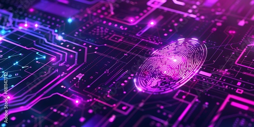 Cyber security overlay with fingerprint scanning and safe symbol, intense purple highlights,