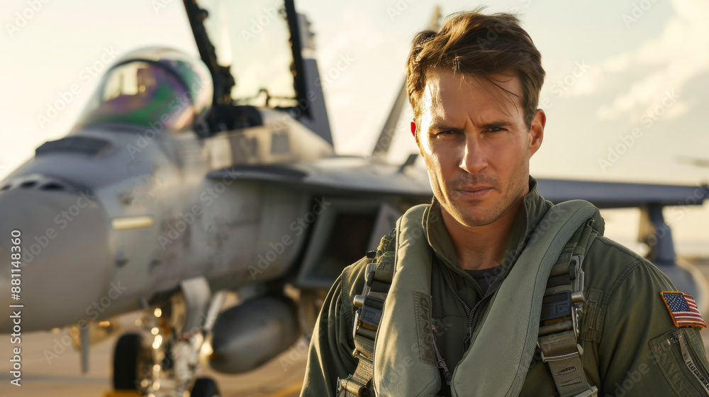 Confident Military Pilot in Front of Fighter Jet. National Aviation Day in the USA Confident Military Pilot in Front of Fighter Jet. National Aviation Day in the USA
