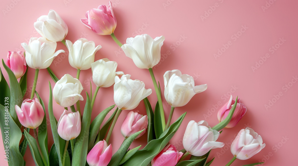 Beautiful bouquet of tulips in soft pink and white colors, arranged on a pale pink background. Perfect for celebrating International Women's Day or Mother's Day. Top view with room for text.