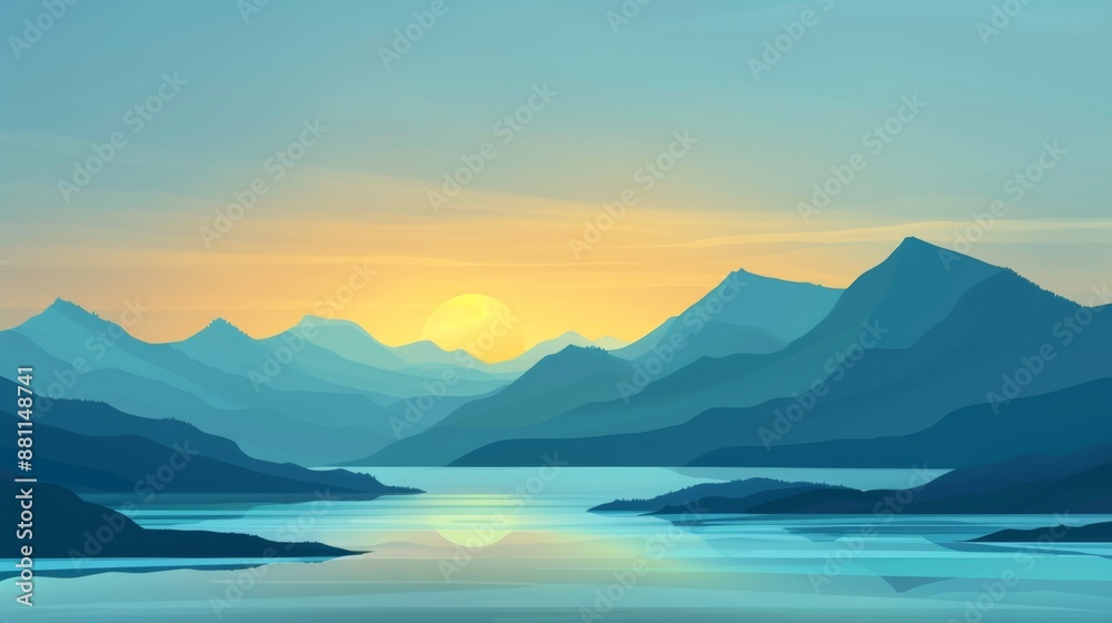 Digital illustration of a mountain landscape at sunrise with misty valleys. Digital illustration of a mountain landscape at sunrise with misty valleys.
