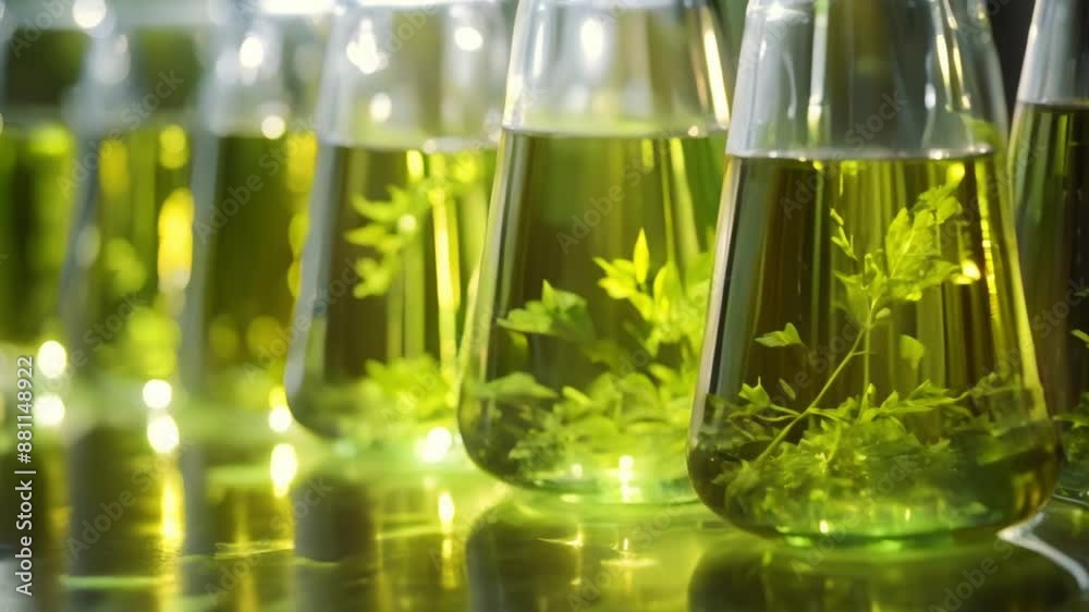 Close-up Backlit Laboratory Flasks Filled with Bright Green Algae Biofuel. Concept Laboratory Flasks, Biofuel, Algae, Close-up, Backlit Close-up Backlit Laboratory Flasks Filled with Bright Green Algae Biofuel. Concept Laboratory Flasks, Biofuel, Algae, Close-up, Backlit