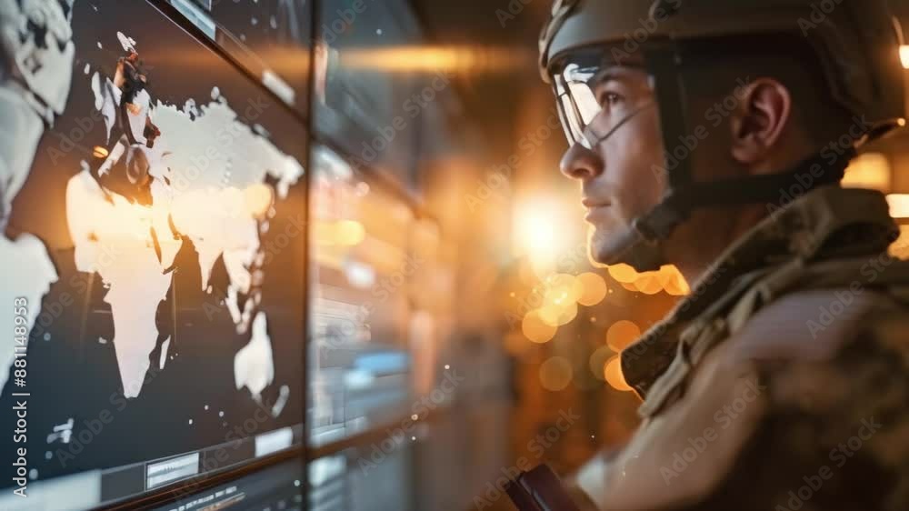 Soldier in tactical gear monitors screens in command center for strategic operations. Concept Military Operations, Tactical Equipment, Surveillance Screens, Command Center, Strategic Monitoring