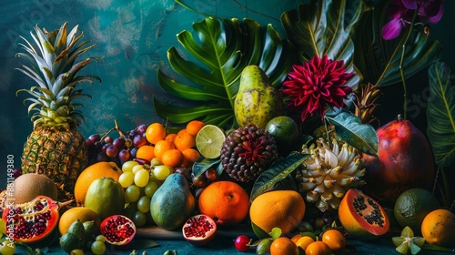 A table full of exotic fruits that are bursting with color