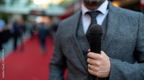 Man in Suit Holding Microphone at Red Carpet Event