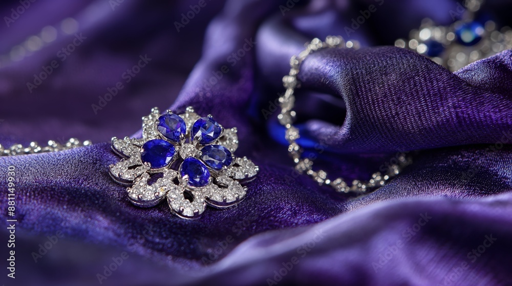 Fototapeta premium Sapphire Brooch on Purple Velvet Fabric