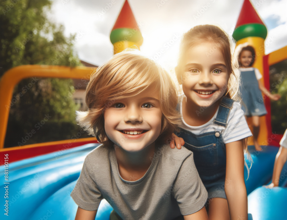 kids playing on an inflatable bouncy castle in the background, with one girl and boy smiling at camera kids playing on an inflatable bouncy castle in the background, with one girl and boy smiling at camera