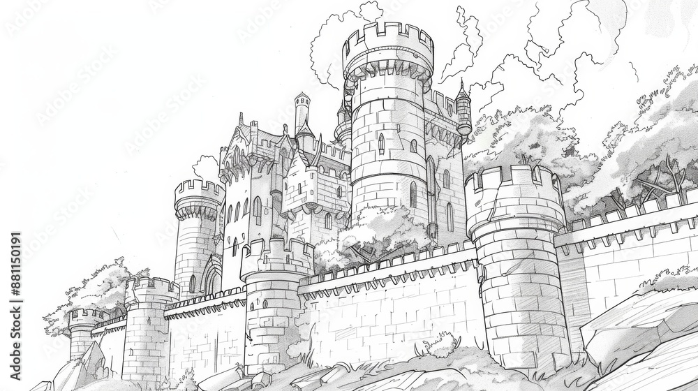 Obraz premium Enchanted Castle Sketch Amidst Mountainous Landscape