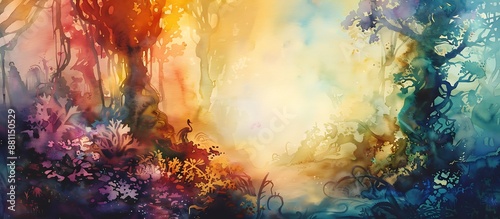 Mystical watercolor forest scene with vibrant colors and a magical atmosphere