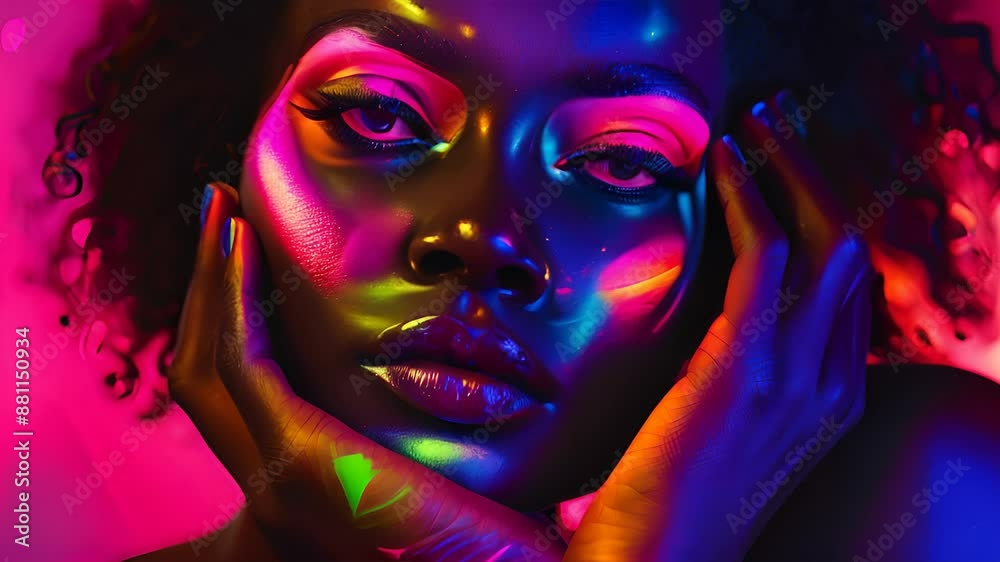 A woman with neon makeup looks up and slightly to the right. The lights in the studio are reflected in the colors