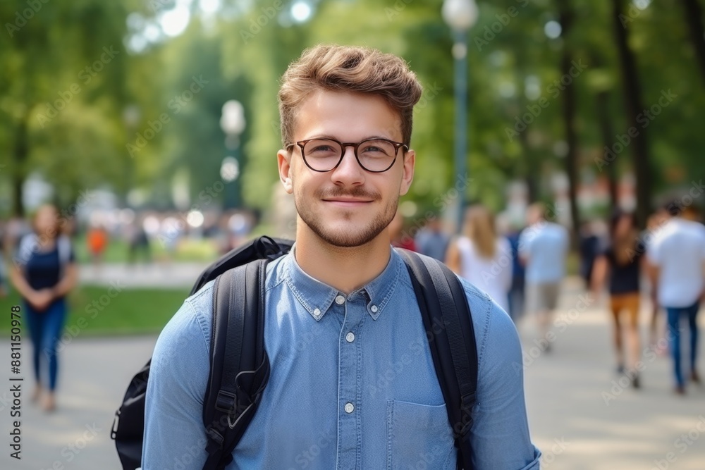 Smiling Young Man in Autumn Park Wearing Glasses and Jacket Smiling Young Man in Autumn Park Wearing Glasses and Jacket