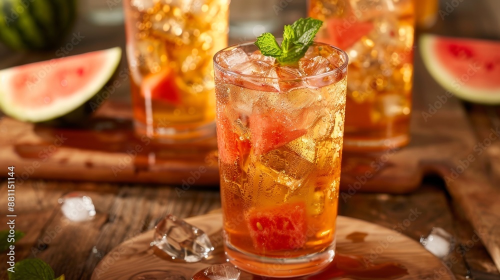 Refreshing Iced Tea with Mint Garnish and Watermelon Slice. Watermelon Sweet Tea Refreshing Iced Tea with Mint Garnish and Watermelon Slice. Watermelon Sweet Tea