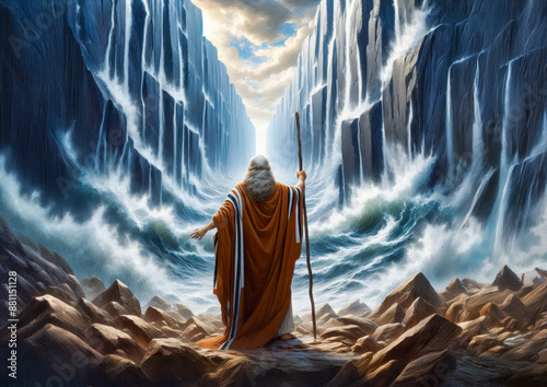 Portrait of the biblical Moses dividing the sea with his stick