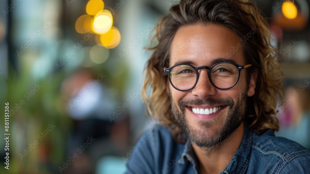 Smiling Young Man with Glasses in a Cafe Smiling Young Man with Glasses in a Cafe