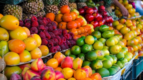 A local market stall offers beautifully displayed fresh fruits in an assortment of colors and sizes for patrons to purchase.