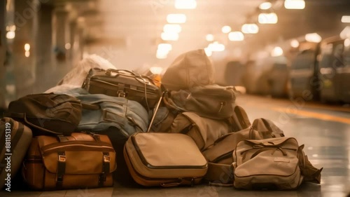 Lost Luggage Pile Amidst the Bustle of a Train Station. Concept Travel Mishaps, Lost Baggage, Chaotic Train Stations, Travel Frustrations, Overwhelmed Travelers photo