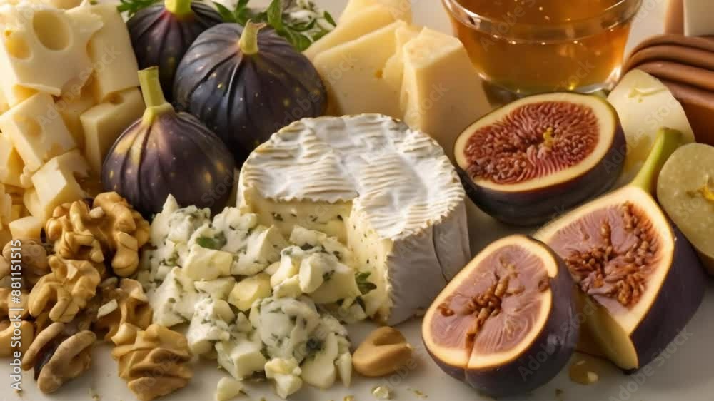 Aerial View of Cheese, Figs, Nuts, and Honey on White Marble. Concept Food Styling, Marble Background, Gourmet Ingredients, Artistic Presentation, Culinary Photography Aerial View of Cheese, Figs, Nuts, and Honey on White Marble. Concept Food Styling, Marble Background, Gourmet Ingredients, Artistic Presentation, Culinary Photography