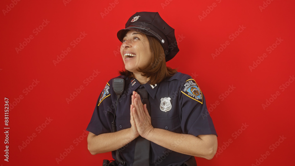 A joyful hispanic female police officer posing against a red background. A joyful hispanic female police officer posing against a red background.