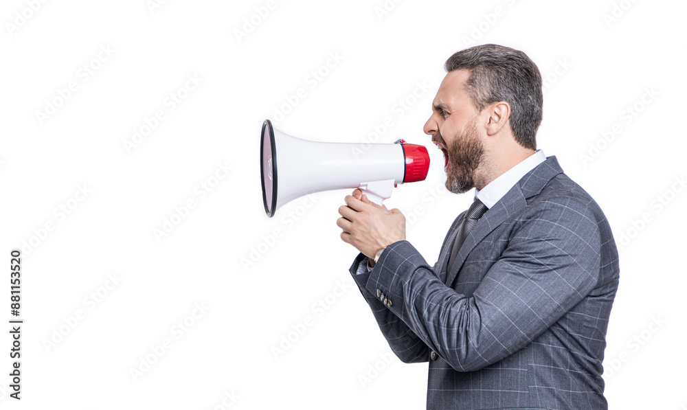 Business conflict. Businessman shouting on employee in loudspeaker isolated on white. Business man has conflict with partner about promotion. Businessman announce rivalry. Competition for resources Business conflict. Businessman shouting on employee in loudspeaker isolated on white. Business man has conflict with partner about promotion. Businessman announce rivalry. Competition for resources