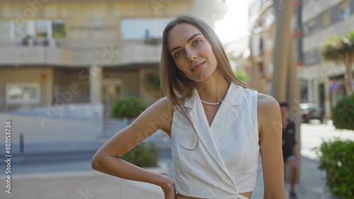 A beautiful young blonde woman stands on an urban street in a city, exhibiting a confident and attractive expression outdoors. Free Download A beautiful young blonde woman stands on an urban street in a city, exhibiting a confident and attractive expression outdoors. - GFXLoad