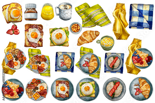 Watercolor hand drawn breakfast illustration. Traditional english breakfast with fried eggs, becon pieces, fresh timatoes and beans in the sauce set. Hand drawn watercolor illustration. photo