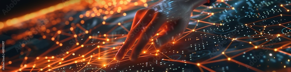 Digital interface showing network of global security connections, hand touching, vibrant orange elements, Digital interface showing network of global security connections, hand touching, vibrant orange elements,
