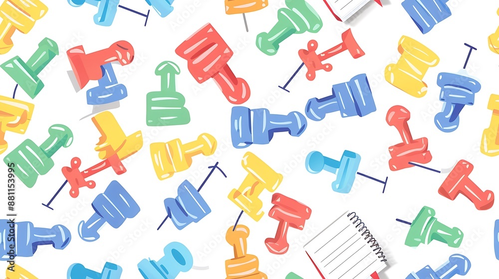 Colorful stationery items including push pins and notebooks on white background Colorful stationery items including push pins and notebooks on white background