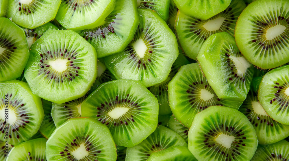 Kiwi slices, freshly cut and ready to add a sweet and refreshing touch to your dessert. Kiwi slices, freshly cut and ready to add a sweet and refreshing touch to your dessert.