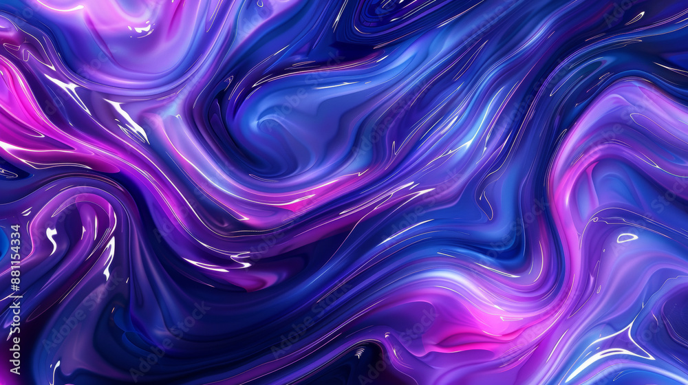 Vivid violet and blue colors blend together in a modern background. Swirling liquid-like waves create a dynamic effect.