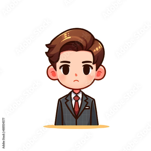 A cartoon serious boy in a suit.