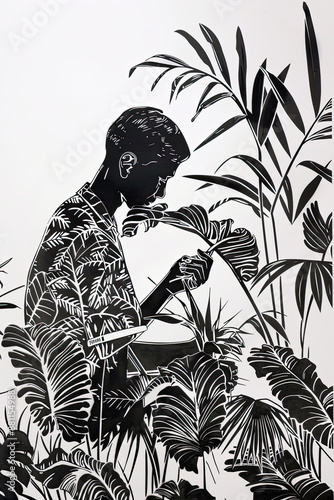 Wallpaper Mural A black and white sketch of a botanist working with plants Torontodigital.ca