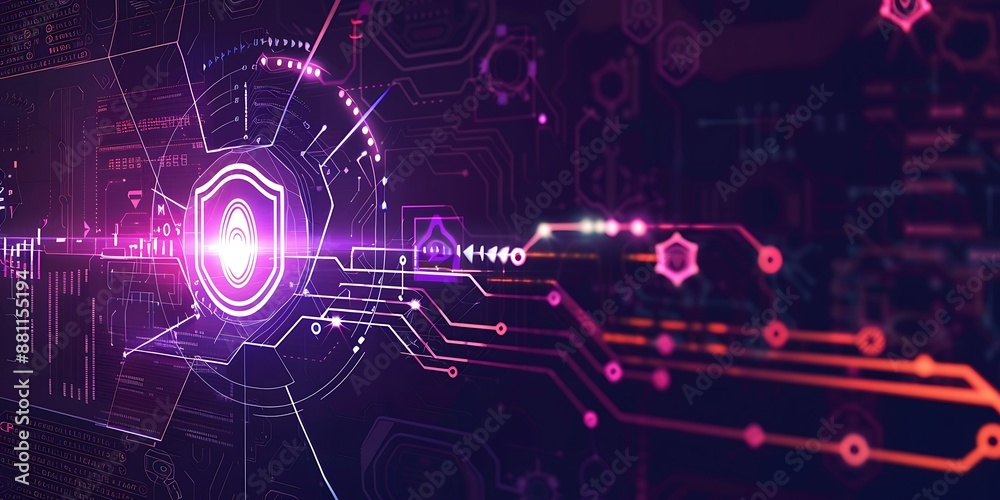 Digital interface with fingerprint scanning and safe symbol for network security, intense purple accents, Digital interface with fingerprint scanning and safe symbol for network security, intense purple accents,