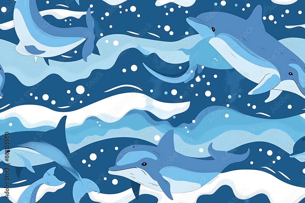 Playful Dolphins Swimming in the Deep Blue Ocean Waves Playful Dolphins Swimming in the Deep Blue Ocean Waves