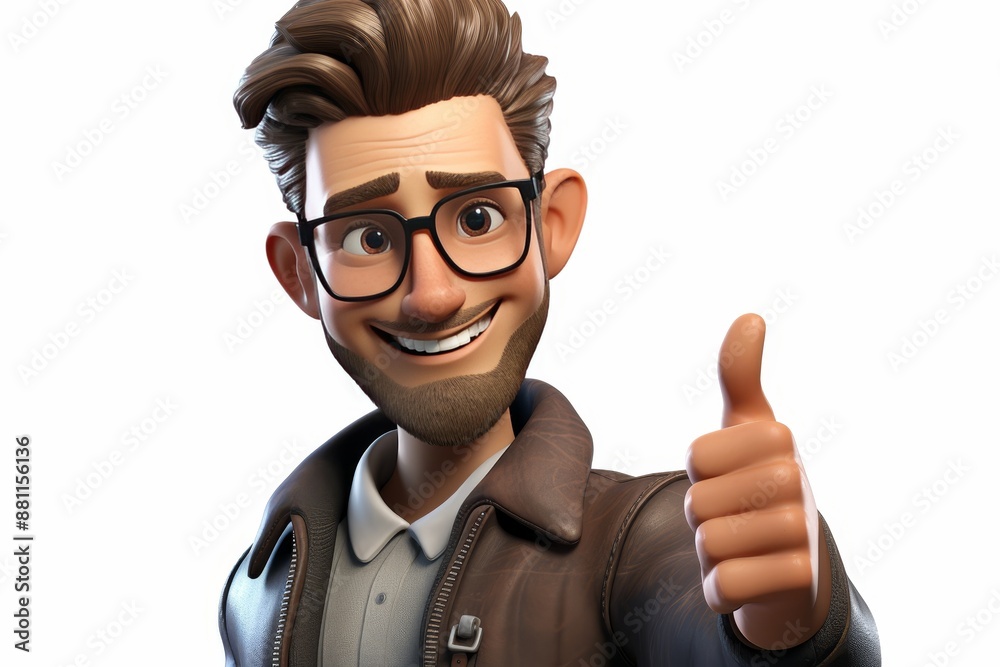 Smiling 3d cartoon hipster man giving thumbs up sign, isolated on white background Smiling 3d cartoon hipster man giving thumbs up sign, isolated on white background