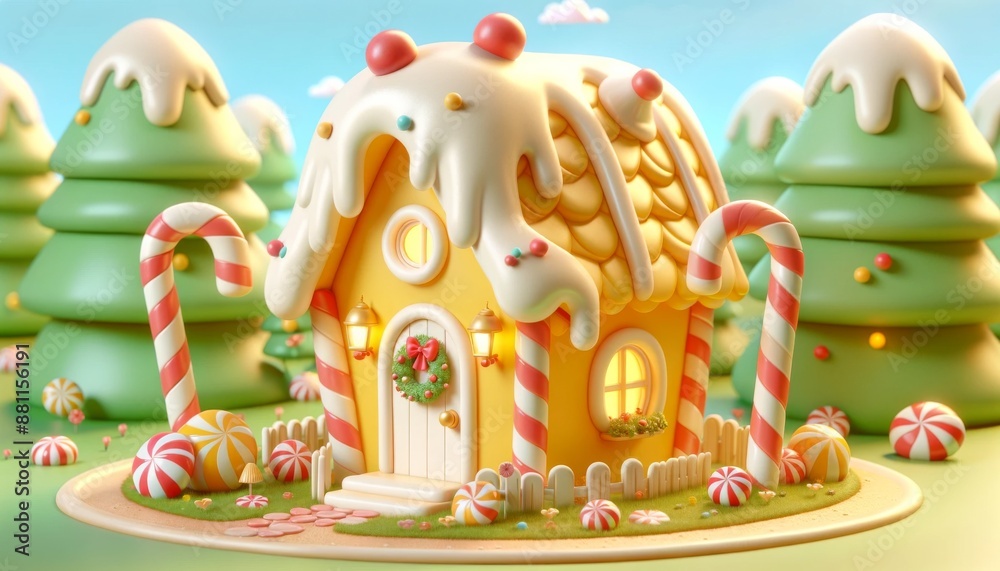 Gingerbread Yellow House with Candy Canes in Festive Candy Land Perfect for Holiday Decor Gingerbread Yellow House with Candy Canes in Festive Candy Land Perfect for Holiday Decor