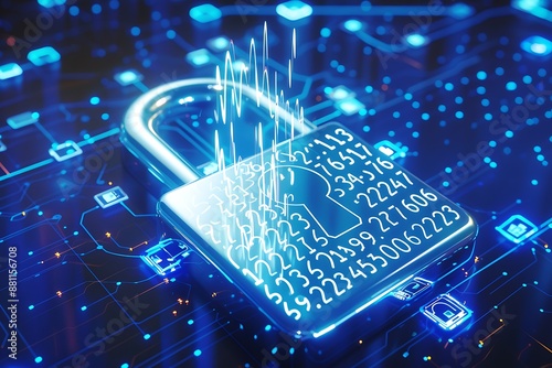 Digital padlock with rapidly changing numbers and letters overlay, representing global internet security, vibrant blue theme,